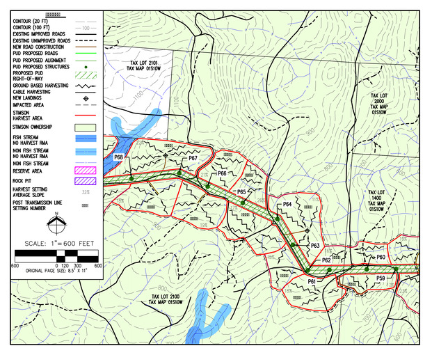 Image of a Tax Map with lines showing contours, timber harvest areas, reserve areas, and streams